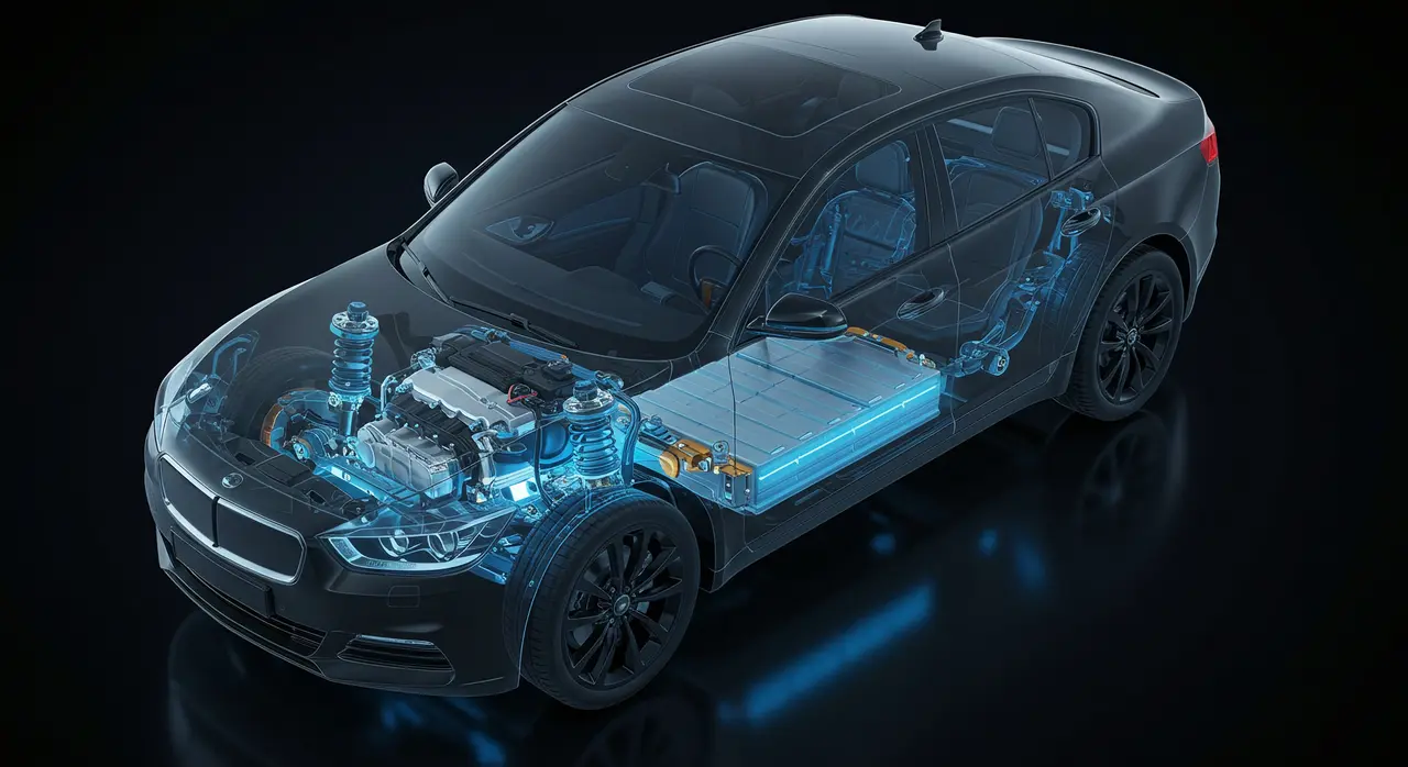 Vista en secci&oacute;n transversal de un coche el&eacute;ctrico donde se ven sus componentes internos