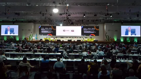 El presidente de la COP30, Andr&eacute; Corr&ecirc;a do Lago durante la sesi&oacute;n plenaria final de la COP30. Foto: Antonio Scorza.