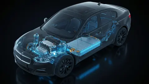 Vista en secci&oacute;n transversal de un coche el&eacute;ctrico donde se ven sus componentes internos